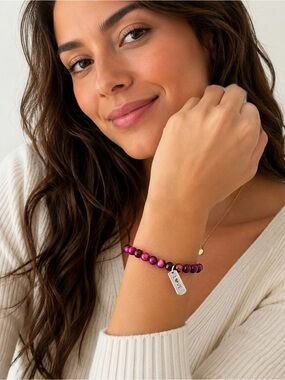 Hand Crafted Beaded 'Love' Charm Bracelet in Magenta Tiger Eye
